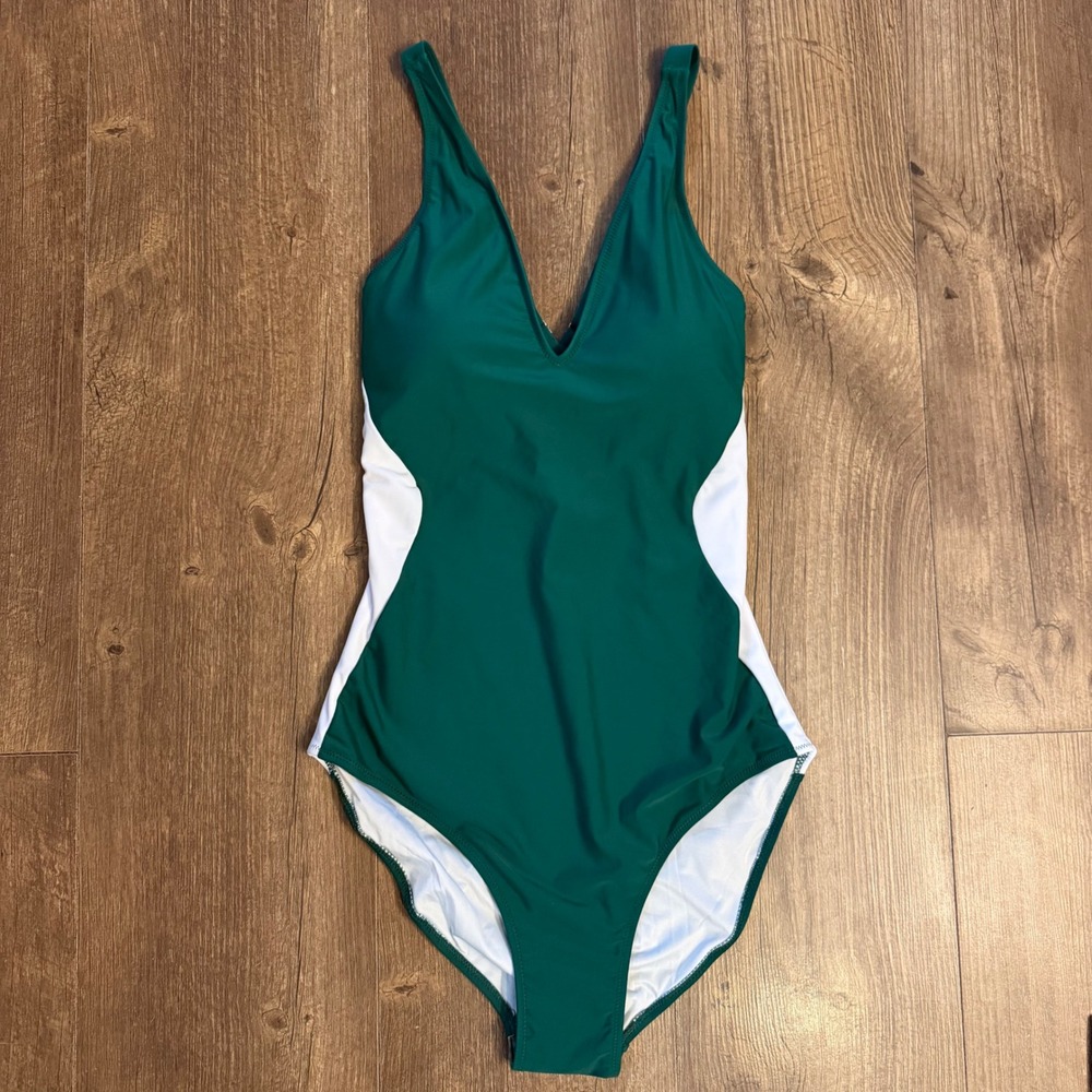 BMJL One Piece Swimsuit Womens Medium Green White‎ Colorblock V-Neck Cross Back